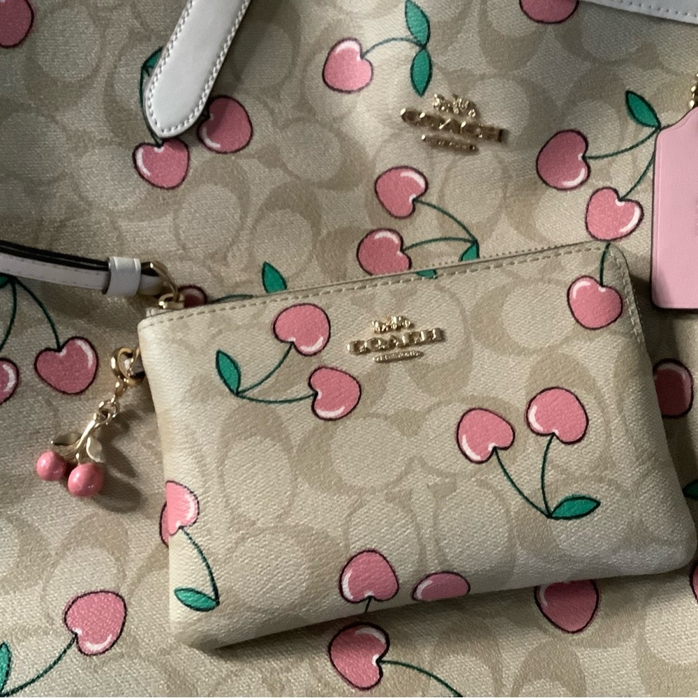 Coach Beige and Pink Floral Wristlet